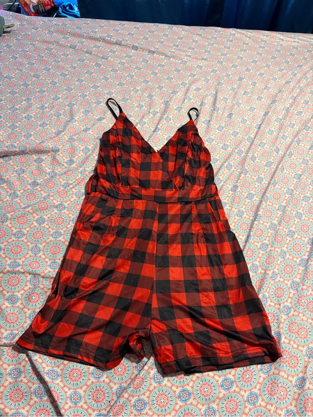 Women’s Red & Black Plaid Satin Romper